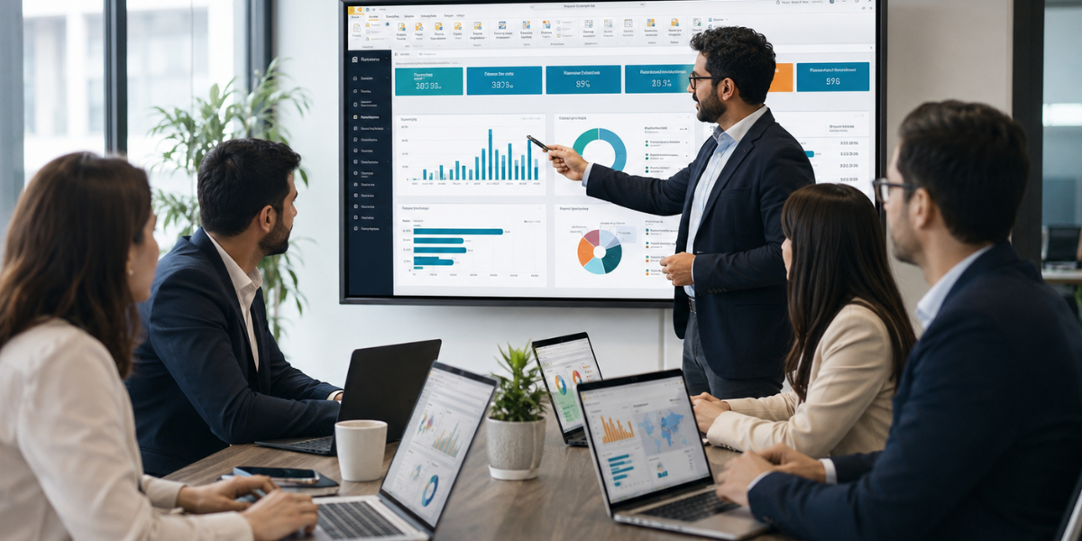 A business professional showcasing the report to the team via Power BI